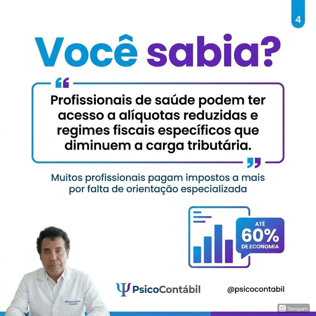 Card informativo da PsicoContábil: profissionais de saúde podem ter acesso a alíquotas reduzidas e regimes fiscais específicos